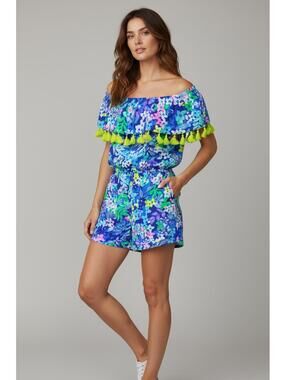 Lilly Pulitzer La Fortuna Borealis Blue Social Sunset Off-Shoulder Romper withNe